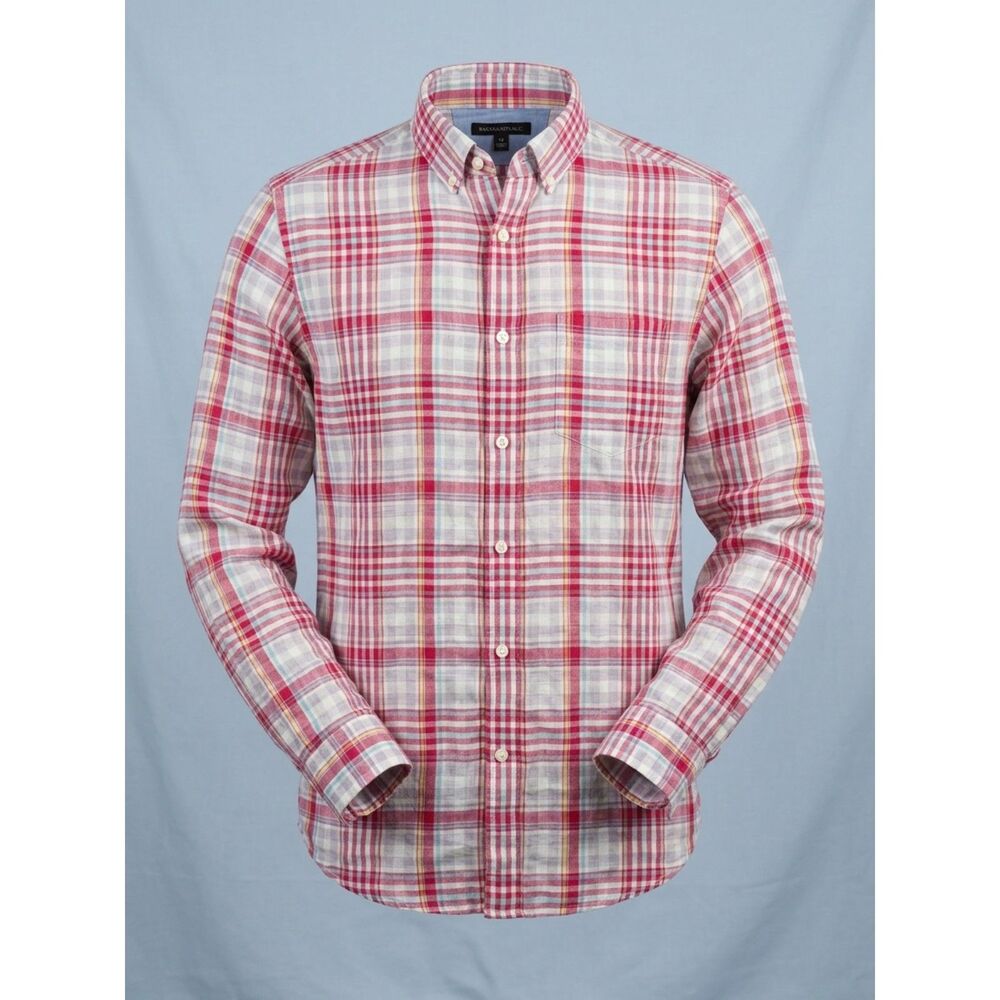 Banana Republic Linen Cotton Plaid Button Down Shirt Men's Sz M Red Blue Yellow
